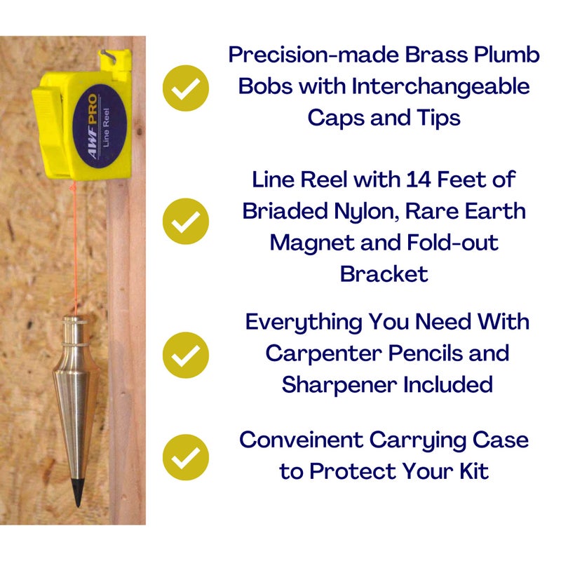 AWF PRO Plumb Bob Kit - 16 oz and 8 oz Solid Brass Plumb Bobs, 14 ft Retractable Line Reel with Magnetic Base, 2 Pencils, Pencil Sharpener, Carrying Case - Image 2